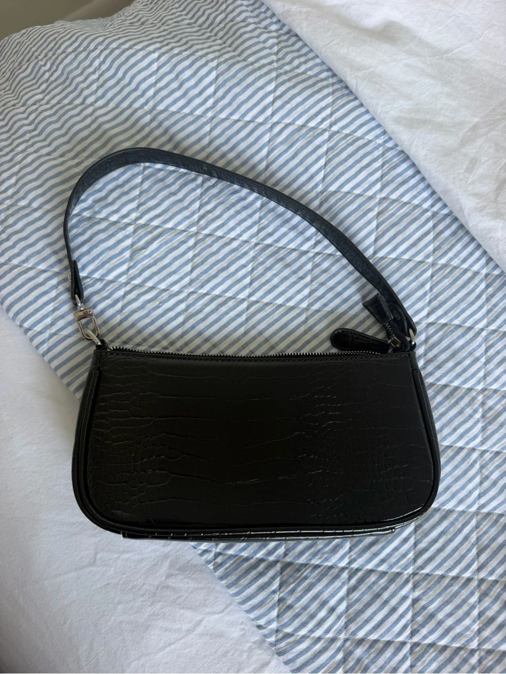Black Croc-Embossed Shoulder Bag